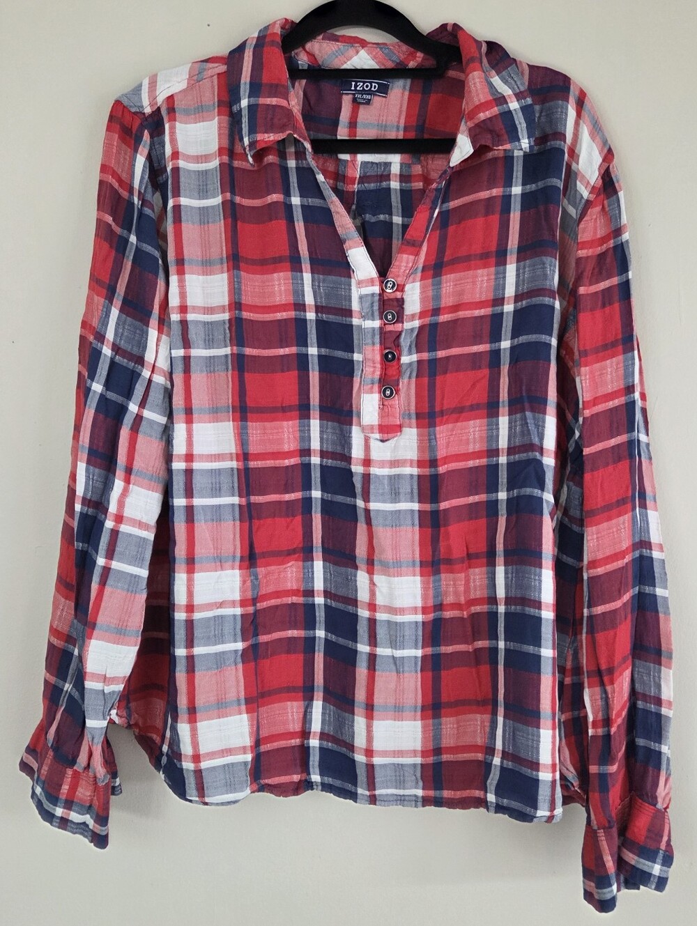 Izod Red White & Blue Plaid Pullover Long Sleeve Blouse Womens XXL